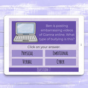 Educational quiz on a tablet screen with a question about cyberbullying.