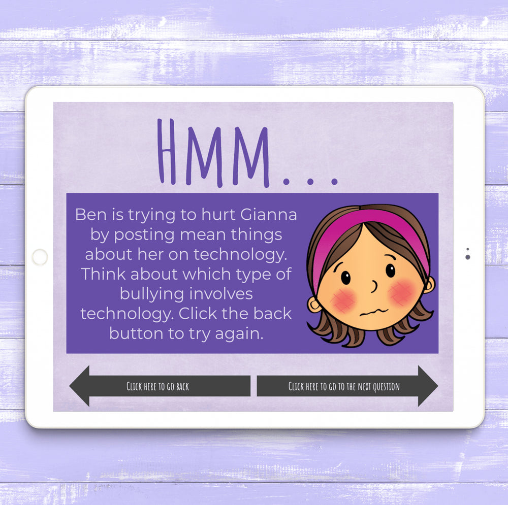 Educational game screen on a tablet with a character and text about technology-based bullying.