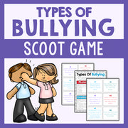 Cover of 'Types of Bullying Scoot Game' with cartoon characters and game cards on a purple background.