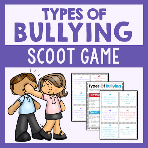 Cover of 'Types of Bullying Scoot Game' with cartoon characters and game cards on a purple background.