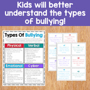 Educational materials on types of bullying with a purple banner and wooden surface background.