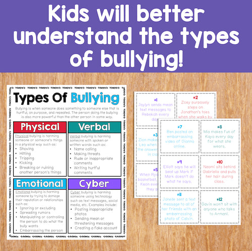 Educational materials on types of bullying with a purple banner and wooden surface background.