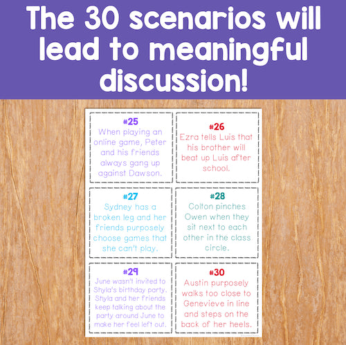 Set of cards with scenarios on a wooden surface and text about meaningful discussion.