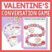 Valentine's Day conversation game with cards and board on a red background