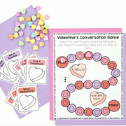 Valentine's Day conversation game with cards and game board on a purple background