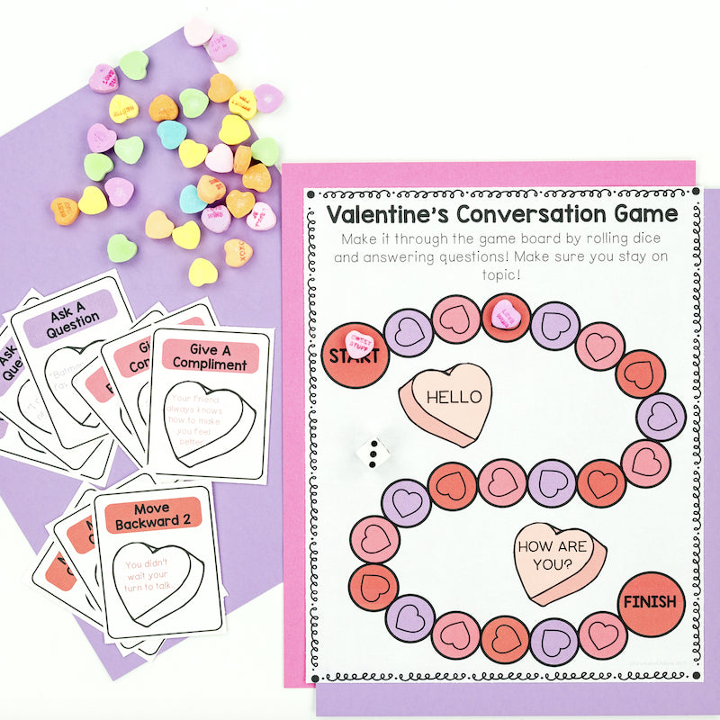 Valentine's Day conversation game with cards and game board on a purple background