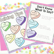 Educational materials with heart-shaped speech bubbles and conversation starters on a pink background.