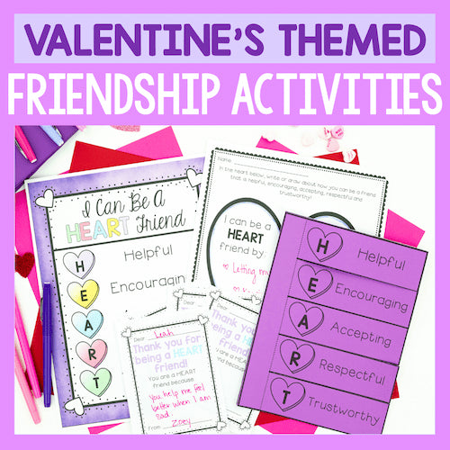 Valentine's themed friendship activities with colorful paper and heart shapes on a purple background.