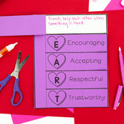 Purple educational poster with 'E A R T' values on a red background with scissors and glue.