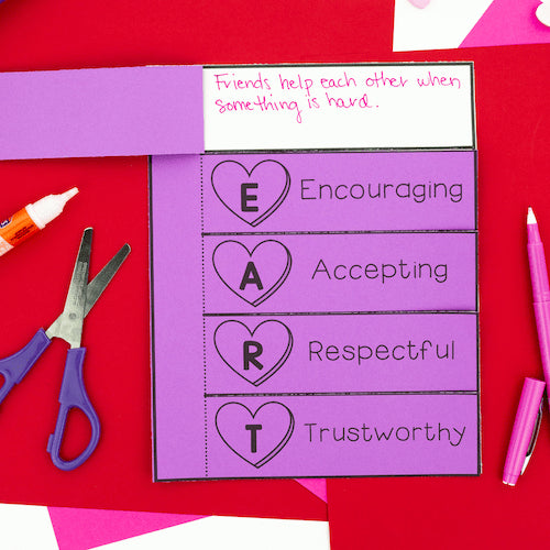 Purple educational poster with 'E A R T' values on a red background with scissors and glue.