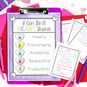 Educational materials on a colorful background with a focus on character development.