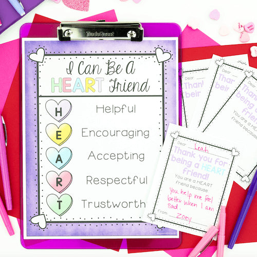 Educational materials on a colorful background with a focus on character development.