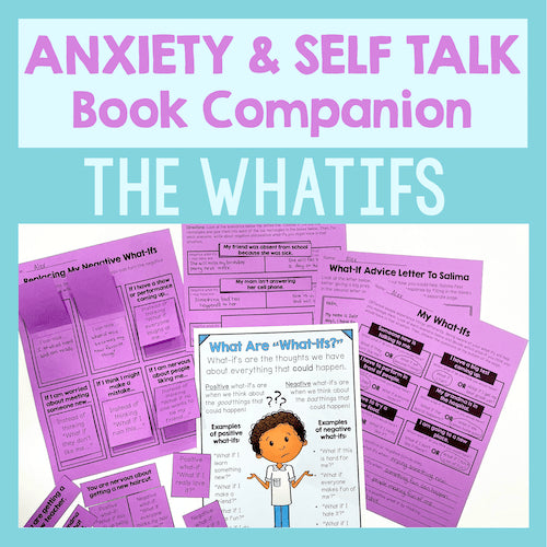Anxiety and self-talk book companion titled 'The Whatifs' with purple worksheets on a light blue background.