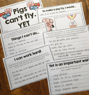 Educational worksheets on a wooden surface with text and graphics about self-confidence and hard work.