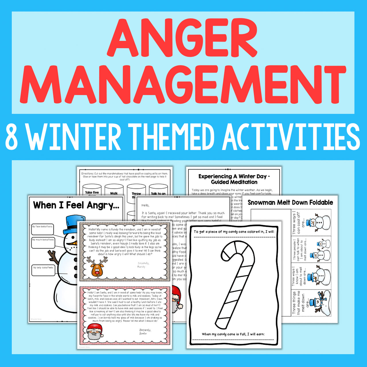 Anger management activities with winter-themed graphics on a blue background