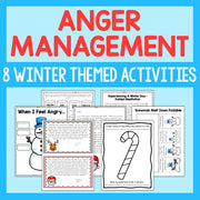 Anger management activities with winter-themed graphics on a blue background