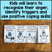 Educational materials with snowmen on a wooden surface and text about anger management.