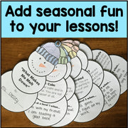 Educational materials with snowman design on a wooden surface, promoting seasonal fun in lessons.