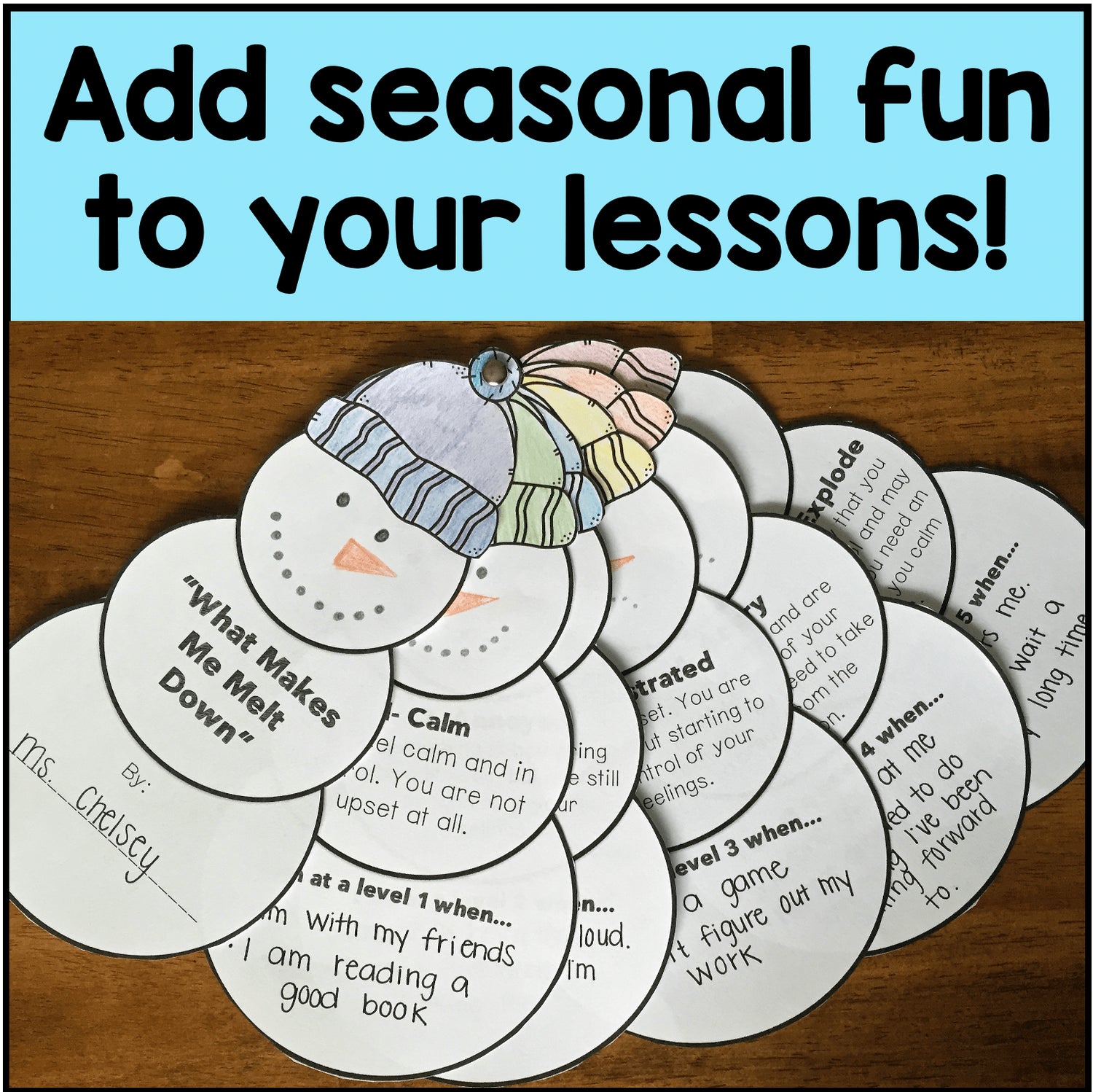 Educational materials with snowman design on a wooden surface, promoting seasonal fun in lessons.