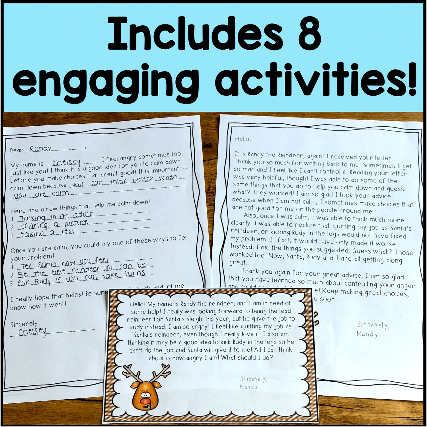 Two letters on a wooden surface with text 'Includes 8 engaging activities!' at the top.