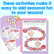 Valentine's Day educational game with cards and a game board on a purple background
