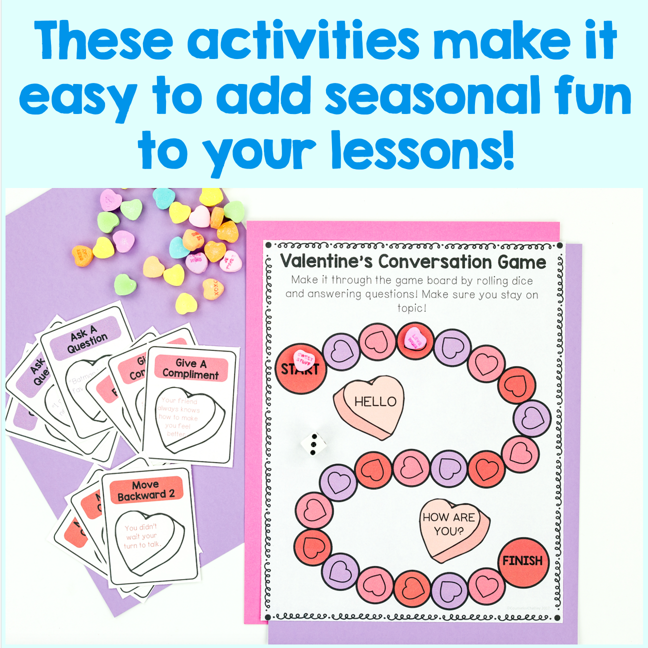Valentine's Day educational game with cards and a game board on a purple background