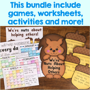 Educational materials with a hedgehog character and text about helping others on a wooden surface.