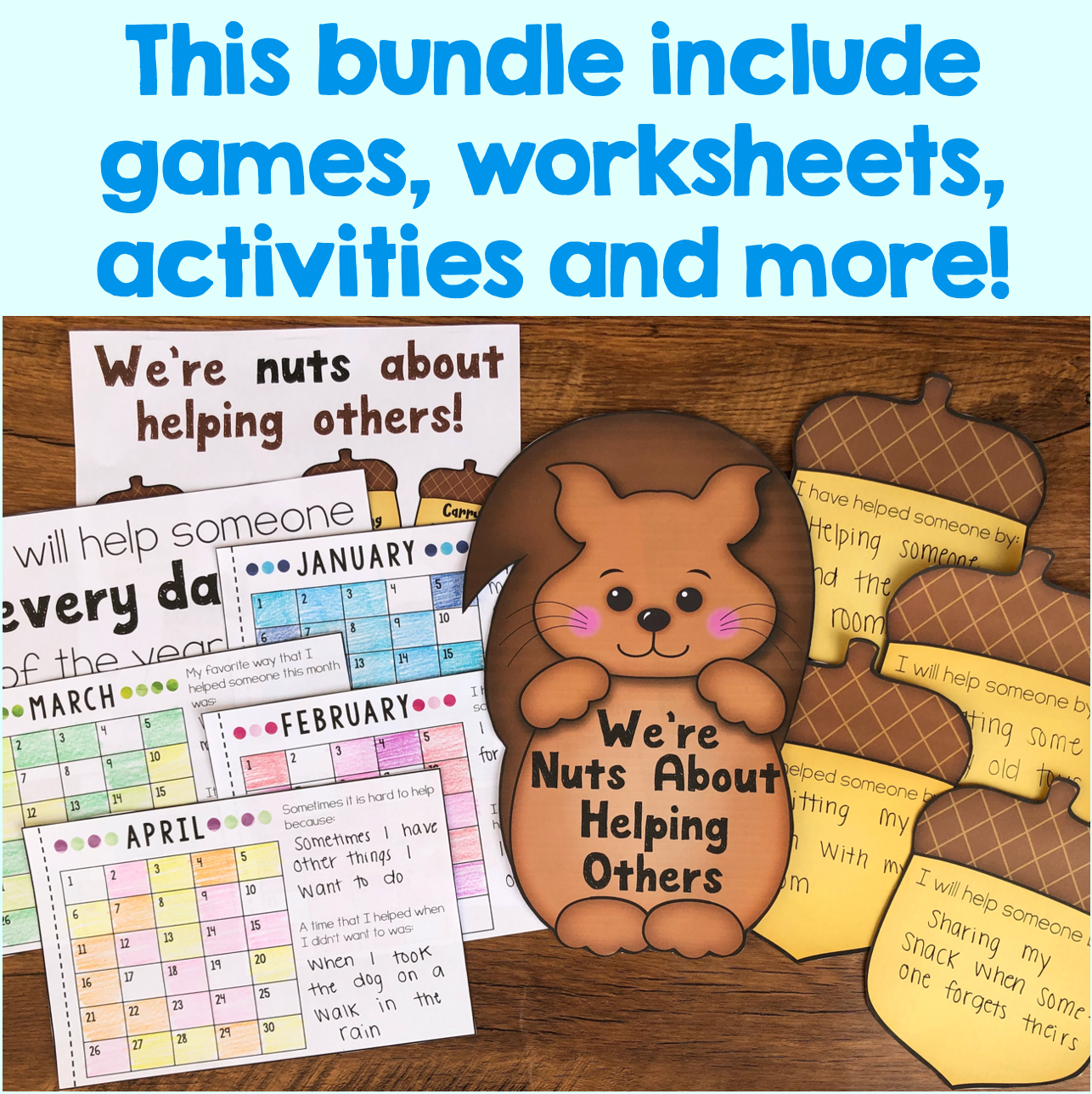 Educational materials with a hedgehog character and text about helping others on a wooden surface.