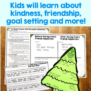 Educational materials on a wooden surface with text about learning kindness and friendship.