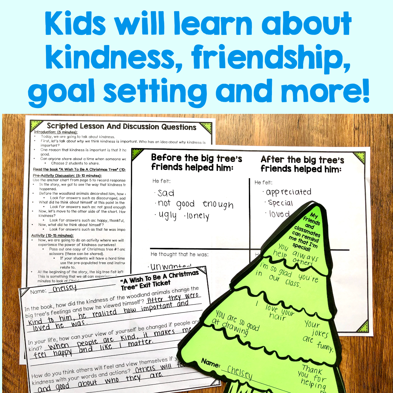 Educational materials on a wooden surface with text about learning kindness and friendship.