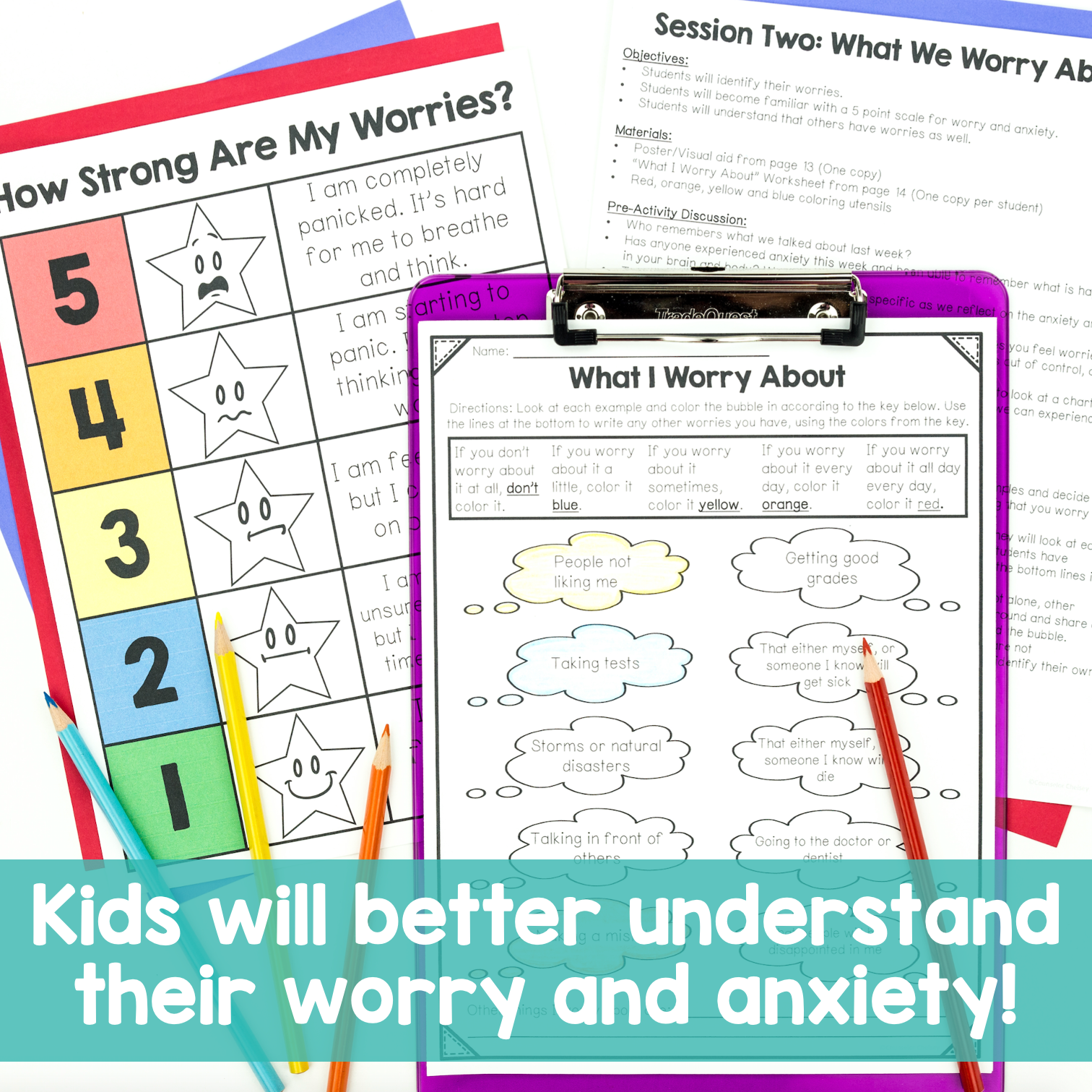 Educational materials on a clipboard for understanding worries and anxiety with colorful star rating chart and text.
