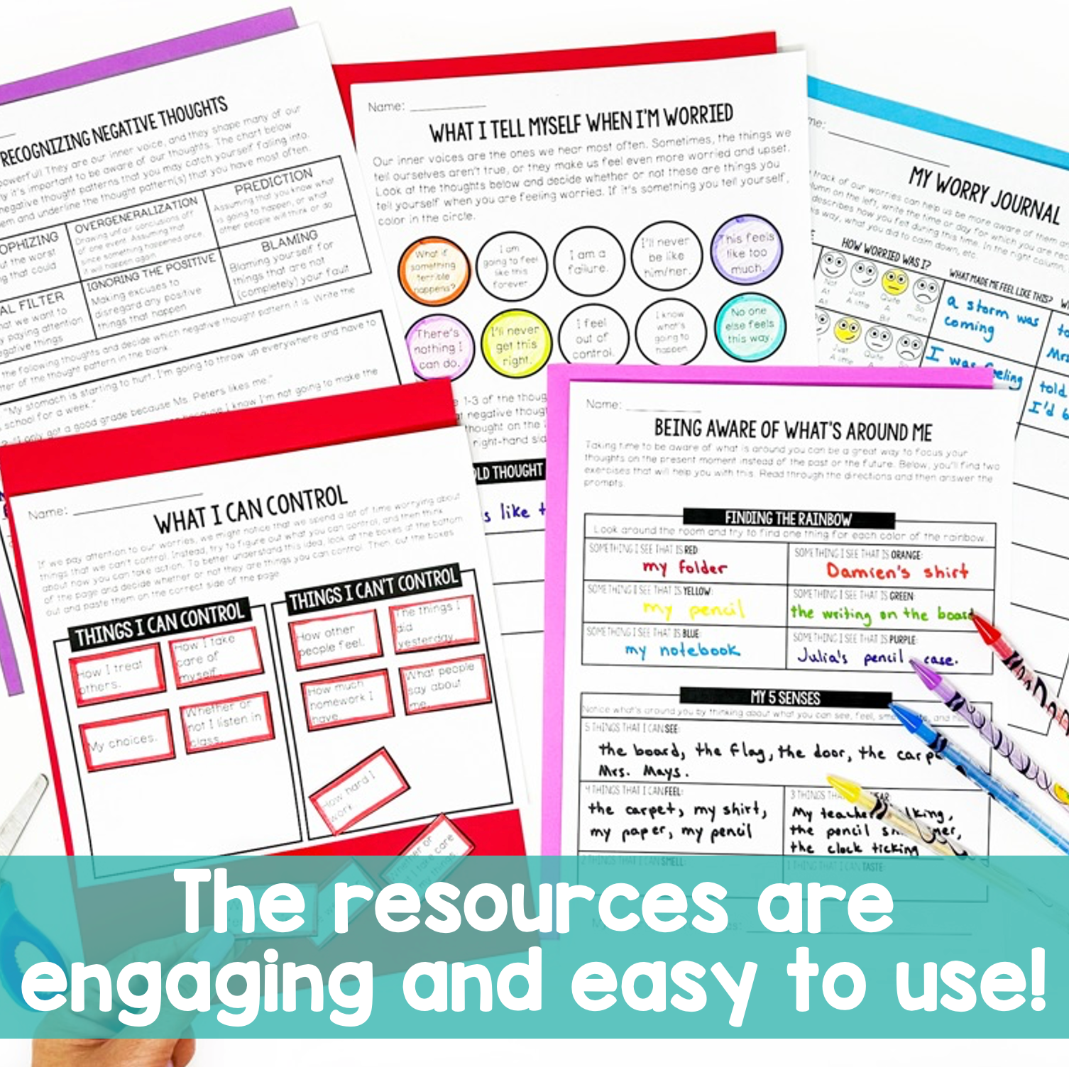 Educational worksheets on a white background with text 'The resources are engaging and easy to use!'.