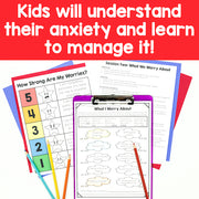 Educational materials for managing anxiety with worksheets and a clipboard on a red background.