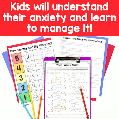 Educational materials for managing anxiety with worksheets and a clipboard on a red background.