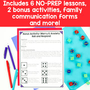 Educational materials with dice and pens on a blue background, including text about no-prep lessons and bonus activities.