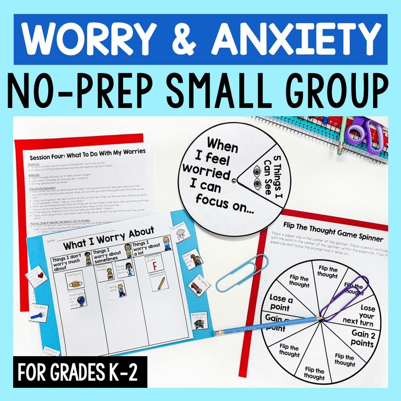 Educational materials for worry and anxiety with worksheets and a spinner on a blue background.