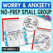 Educational materials for worry and anxiety with worksheets and a spinner on a blue background.