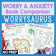 Worry and anxiety book companion with dinosaur illustration and educational materials on a blue background