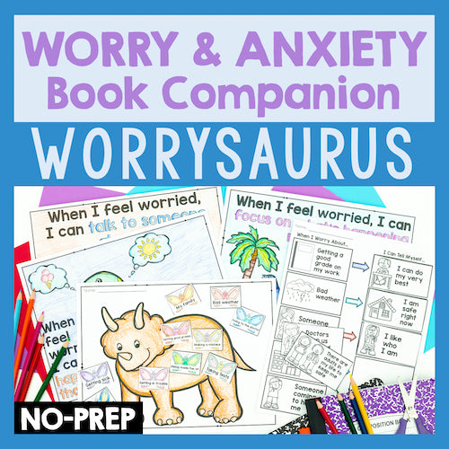 Worry and anxiety book companion with dinosaur illustration and educational materials on a blue background