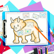 Coloring book page with a triceratops and moral lessons on a colorful background.