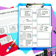 Educational materials including a worksheet on a colorful background with stationery items.