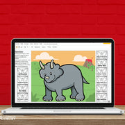 Laptop displaying a digital worksheet with a triceratops illustration on a red brick background